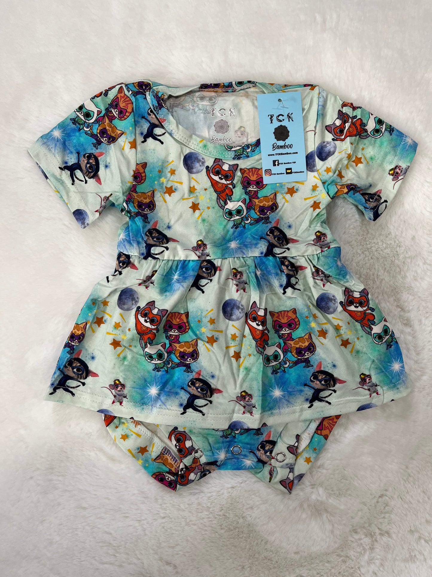 Super Hero Cats Baby Snap Bamboo Twirl Dress
